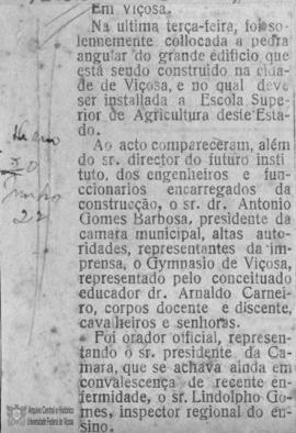 Notícia sobre a colocação da Pedra Fundamental do Edifício Principal